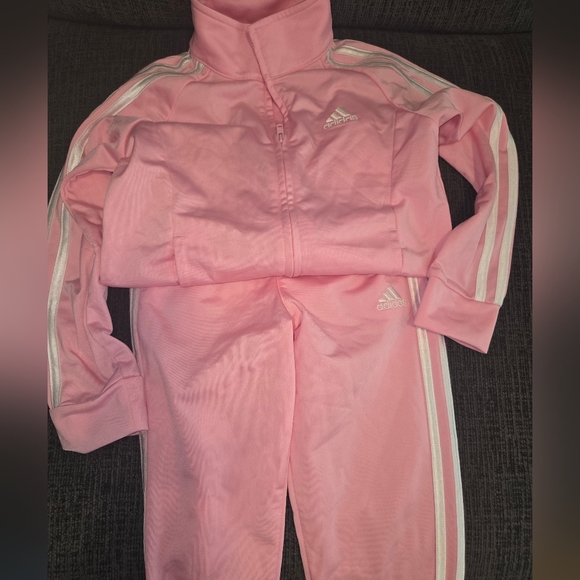 Adidas Girls Light Pink Tracksuit with White Stripes - Picture 1 of 2